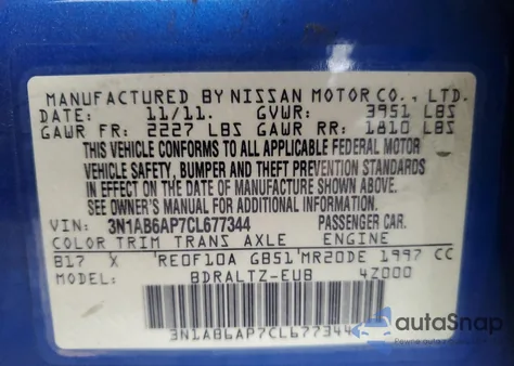 2011 Nissan Sentra 2.0 z USA, uszkodzony, nr VIN 3N1AB6AP7CL677344